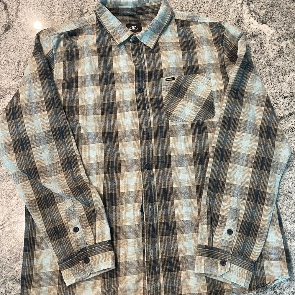 O'Neill Blue and Tan Plaid Shirt (XL)